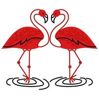 Two flamingos of red doodle color are flat. Flamingos isolated on a white background. Tropical exotic birds are animals, standing on one leg, a heart. Flat vector illustration in the form of doodles.