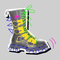 Rocker leather boots collage grunge pop art rock. A black and white picture with colored inserts. Shoes are like a clipping from a magazine. A bright doodle on a dotted black and white drawing vector