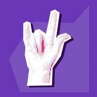 A rocker's hand with a collage in the style of grunge-pop-art-rock. Pink and white picture on blue. The item looks like a clipping from a magazine. Bright large and small dots create the shape vector