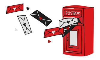 A red mailbox with a flat letter in the style of doodles. Envelopes from a loved one fly into the mailbox. An isolated mailbox with envelopes and hearts. Vector illustration. Lovers' correspondence