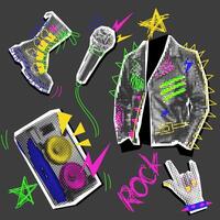 A set of rocker objects collage in the style of grunge pop art. Jacket, microphone, hand, shoe, speakers. Black and white dots with colored inserts. It looks like a clipping from a magazine. Bright vector