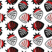 Pattern is a large strawberry in chocolate doodle. Seamless pattern for Valentine's Day with chocolate, candies, strawberries. Vector flat doodle illustration in black and red colors on a white