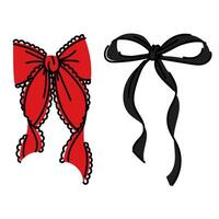Set of bows, ties, gift bows, hairpins. Vector illustration, hand-drawn. Individual colorful design elements. Wedding celebration, holiday, party decoration, gift, gift concept. Red black colors