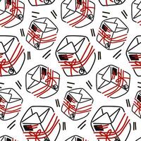 Seamless pattern of parcels with stamps of white, with the addition of black, red. A hand-drawn postal background with boxes with thread. Mail correspondence. Gift with the bow was delivered by mail vector