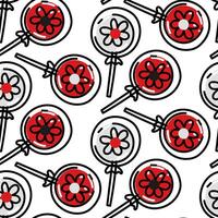 Lollipop pattern is doodle red and black. I love sweets. Seamless pattern with lollipops. Flowers sweetness. Background for Valentine's Day and romantic holidays. Hand-drawn vector illustration