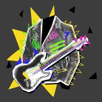 Rocker jacket with guitar collage grunge pop art rock. Black and white picture with colored inserts. The performance is like a clipping from a magazine. Bright doodle on a dotted black, white drawing vector