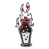 An elongated bottle with a black love potion for Valentine's Day. Isolated vector illustration in red and black colors. An open bottle with bubbling liquid and steam with hearts. Contour lines