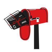 A red mailbox with a flat letter in the style of doodles. A bunch of letters are shoved into the mailbox. An isolated mailbox with an envelope for correspondence. Vector illustration. Lovers'