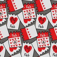 Pattern is torn off leaves of a calendar marked on February 14th, sheets with hearts in flat scribbles. Calendar page for Valentine's Day. Business is a flat vector doodle ornament. Valentine's