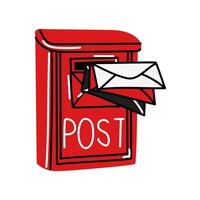 Red mailbox with flat colored letters in the style of doodles. Envelopes are sent to the mailbox, messages are forwarded. Isolated mailbox with envelopes. Vector illustration. Lovers' correspondence