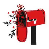 A red mailbox with flowers inside. Flat doodle style mailbox on a wooden leg with a bouquet of flowers inside, in honor of Valentine's Day. A gift in an open mailbox. Flower delivery. Blooming Mailbox vector