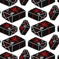 Vector seamless pattern of parcels with stamps in black, red, white colors. Hand-drawn postal background with boxes tied with threads. Mail correspondence. Gift with the bow was delivered by mail