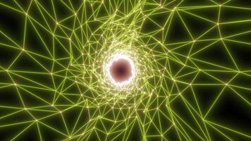 Shiny green energy digital tunnel plexus made of lines and triangles hi-tech futuristic magical glowing bright round frame abstract background video
