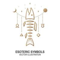 esotérico simbolos vector. Delgado línea geométrico insignia. contorno icono para alquimia o sagrado geometría. místico y magia diseño con pescado hueso vector