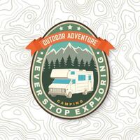 Never stop exploring. Summer camp. Vector. Concept for shirt or logo, print, stamp or tee. Vintage typography design with rv trailer and forest silhouette. vector