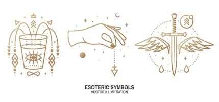 Esoteric symbols. Vector Thin line geometric badge. Outline icon for alchemy or sacred geometry. Mystic and magic design with dagger, wings,all-seeing eye, glass, hand, stars, planets and moon