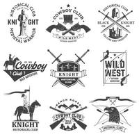 Set of knight historical and cowboy club design Vector Concept for shirt, print, stamp, overlay or template. Vintage typography design with knight, knight on a horse, swords, axe, castle silhouette