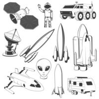 Set of space icon. Vector. Concept for shirt, print, stamp. Spaceman, astronaut, satellite, alien, shuttle, rocket, mars rover, camper trailer, shuttle. vector