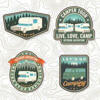 Set of rv camping badges, patches. Vector. Concept for shirt or logo, print, stamp or tee. Vintage typography design with RV Motorhome, camping trailer and off-road car silhouette. vector