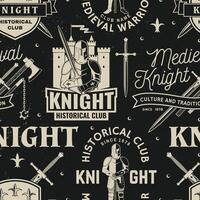 Set of knight historical club seamless pattern design Vector Concept for shirt, print, stamp, overlay or template. Typography design with knight, knight on a horse, swords, axe, castle silhouette