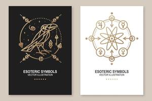 Esoteric symbols poster, flyer. Vector. Thin line geometric badge. Outline icon for alchemy, sacred geometry. Mystic, magic design with atom, crow and galaxy vector