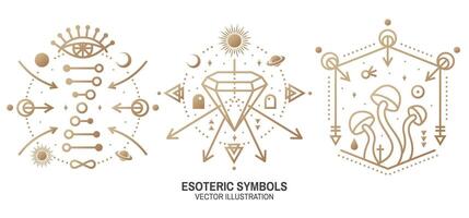 Esoteric symbols. Vector. Thin line geometric badge. Outline icon for alchemy or sacred geometry. Mystic and magic design with alchemy symbols, all-seeing eye, crystals, dna and mushrooms vector