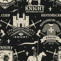 Set of knight historical club seamless pattern design Vector Concept for shirt, print, stamp, overlay or template. Typography design with knight, knight on a horse, swords, axe, castle silhouette