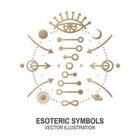 Esoteric symbols. Vector. Thin line geometric badge. Outline icon for alchemy or sacred geometry. Mystic and magic design with all-seeing eye and dna. vector