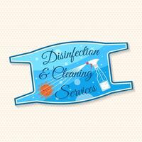 desinfección y limpieza servicios parche, logo, emblema. vector para profesional desinfección y limpieza compañía. Clásico diseño con máscara y manos en guantes sostiene botellas de antiséptico rociar