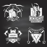 Knight historical club badge design. Vector. Concept for shirt, print, stamp, overlay or template. Vintage typography design with crossbows, eagle, battle axe, flail and shield silhouette vector