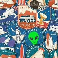 Set of space mission colorful seamless pattern with space rocket alien, mars city, camper van on the moon and earth silhouette. Vector. Background, wallpaper, seamless pattern with patches vector