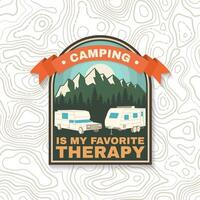 Camping is my favorite therapy, print, patch. Camping quote. Vector. Concept for shirt or logo, print, stamp or tee. Vintage typography design with 3d off-road car, trailer and mountain silhouette. vector