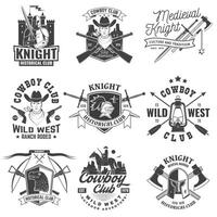 Set of knight historical and cowboy club design Vector Concept for shirt, print, stamp, overlay or template. Vintage typography design with knight, knight on a horse, swords, axe, castle silhouette