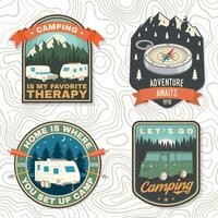 Set of rv camping badges, patches. Vector. Concept for shirt or logo, print, stamp or tee. Vintage typography design with RV Motorhome, camping trailer and off-road car silhouette. vector