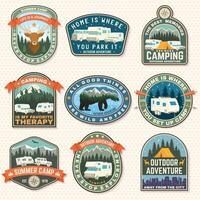 Set of rv camping badges, patches. Vector. Concept for shirt or logo, print, stamp or tee. Vintage typography design with RV Motorhome, camping trailer and off-road car silhouette. vector