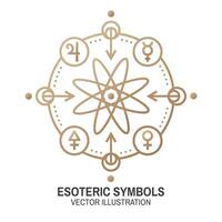 Esoteric symbols. Vector. Thin line geometric badge. Outline icon for alchemy or sacred geometry. Mystic and magic design with atom vector