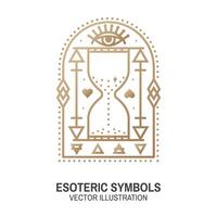 Esoteric symbols. Vector. Thin line geometric badge. Outline icon for alchemy or sacred geometry. Mystic and magic design with all-seeing eye and hourglass vector