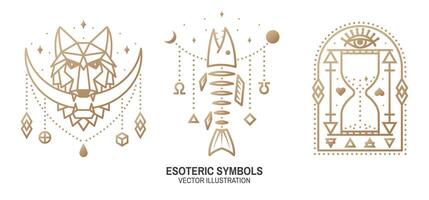 esotérico simbolos vector Delgado línea geométrico insignia. contorno icono para alquimia o sagrado geometría. místico y magia diseño con Luna en el boca de un lobo, pescado hueso, todo lo ve ojo y reloj de arena