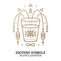 Esoteric symbols. Vector. Thin line geometric badge. Outline icon for alchemy or sacred geometry. Mystic and magic design with all-seeing eye and glass. vector