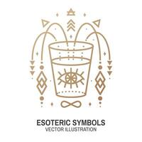 Esoteric symbols. Vector. Thin line geometric badge. Outline icon for alchemy or sacred geometry. Mystic and magic design with all-seeing eye and glass. vector