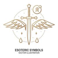 Esoteric symbols. Vector. Thin line geometric badge. Outline icon for alchemy or sacred geometry. Mystic and magic design with dagger and wings vector