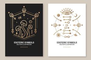 Esoteric symbols poster, flyer. Vector Thin line geometric badge. Outline icon for alchemy or sacred geometry. Mystic and magic design with alchemy symbols, mushrooms, all-seeing eye and dna.