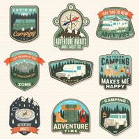 Set of rv camping badges, patches. Vector. Concept for shirt or logo, print, stamp or tee. Vintage typography design with RV Motorhome, camping trailer and off-road car silhouette. vector