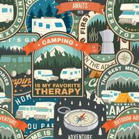 Summer camp colorful seamless pattern with rv trailer, camping tent, campfire, bear,camping tent and inspirational quotes. Vector. Background, wallpaper, seamless pattern with patches vector