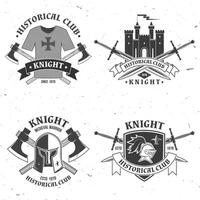 Set of knight historical club badge design Vector Concept for shirt, print, stamp, overlay or template. Vintage typography design with knight, flail with spiked ball, swords castle silhouette