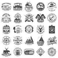 Set of sailing club, hunting club and camping badges, patches. Vector. Concept for shirt or logo, print, stamp or tee. Design with sailing boat, motor home, camping trailer silhouette. vector
