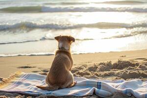 AI generated Dog sits on the towel on sandy beach and looks at blue sea. Generative AI photo