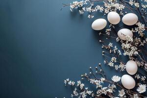 AI generated Elegant Easter banner. Pastel composition for the holiday. Eggs in natural colors on blue background. Generative AI photo
