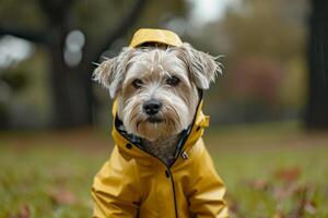 AI generated Dog in a trendy raincoat. The concept of caring for pets. Generative AI photo