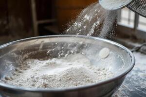 AI generated Sifting flour through sieve on wooden table. Generative AI photo